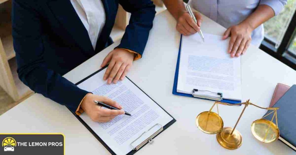 Lemon law attorneys reviewing legal paperwork and discussing compensation options.