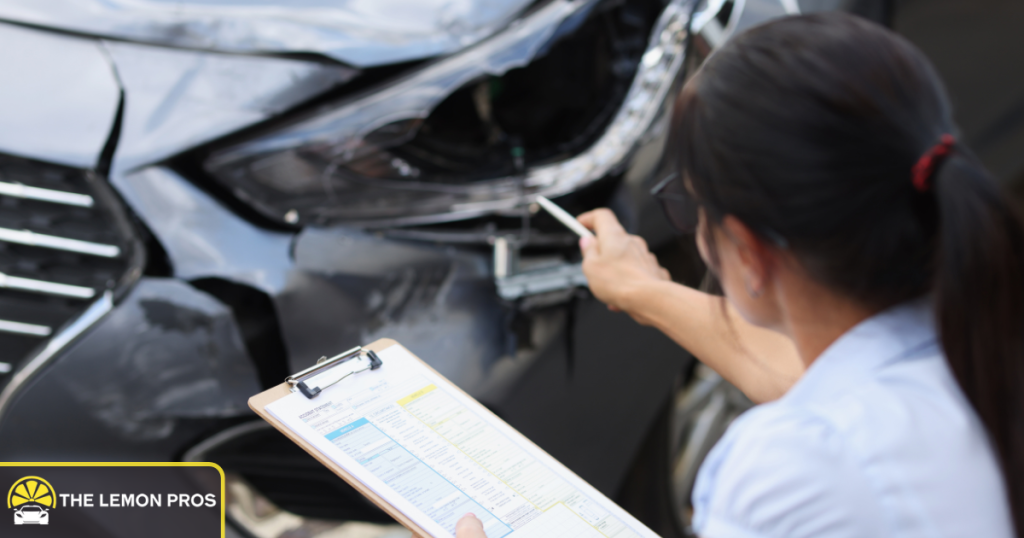 Inspector reviewing structural damage on a car.