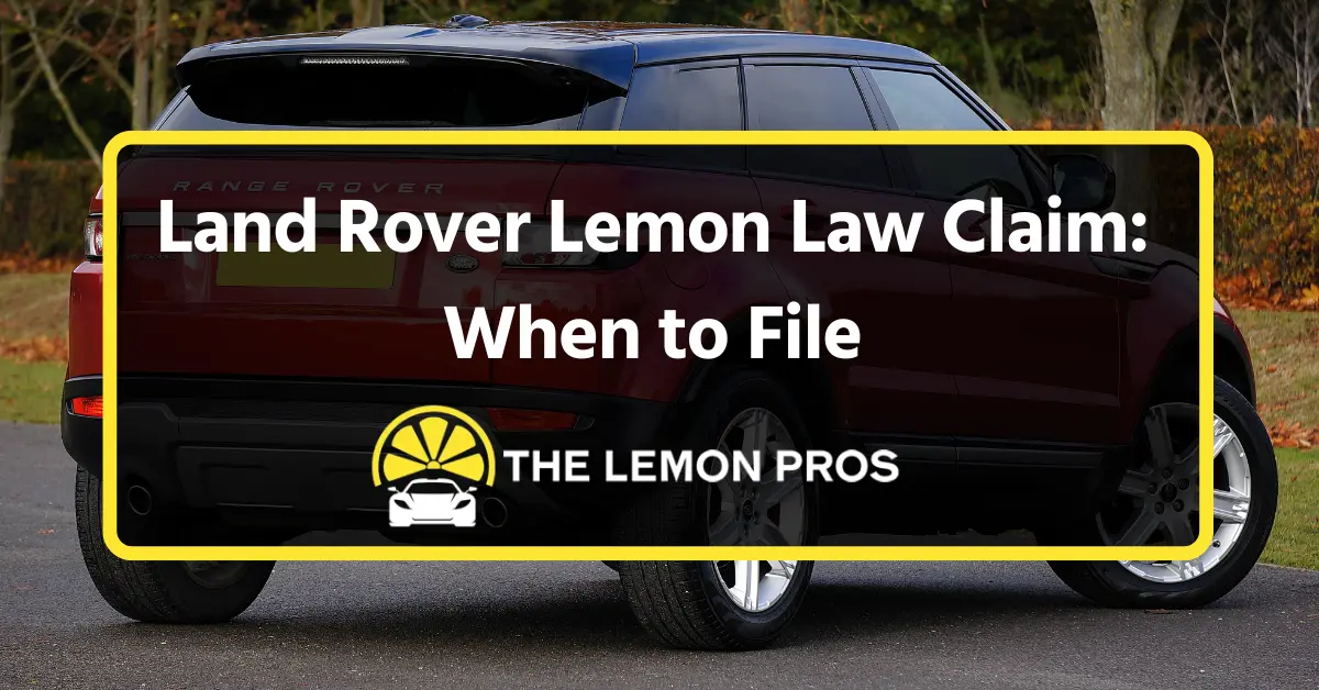Red Land Rover SUV parked outdoors with a graphic overlay reading Land Rover Lemon Law Claim: When to File – The Lemon Pros.